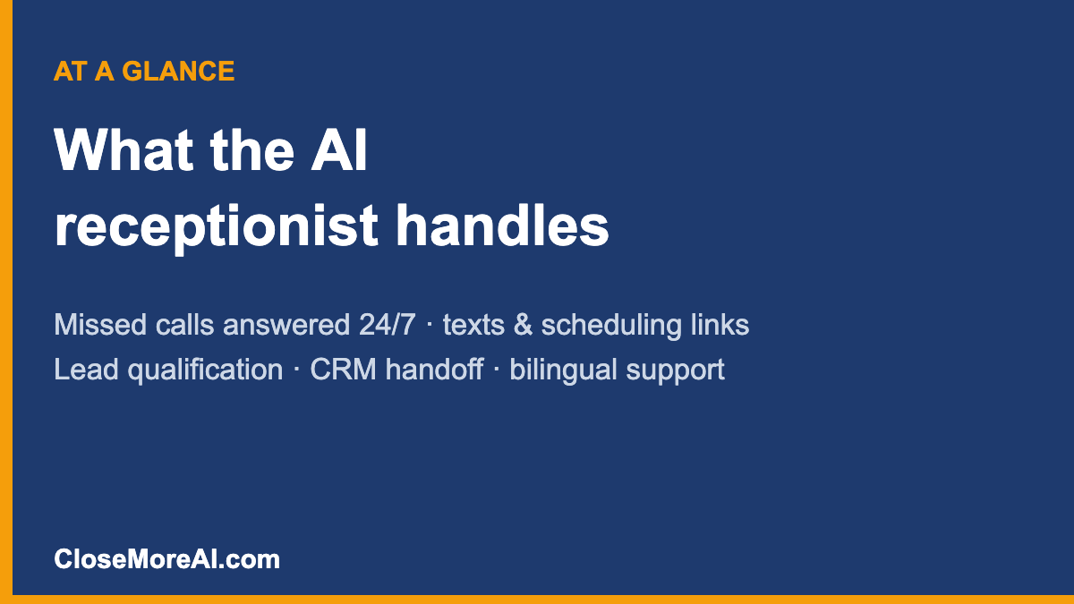 My AI Front Desk review at a glance — what the AI receptionist handles for real estate agents