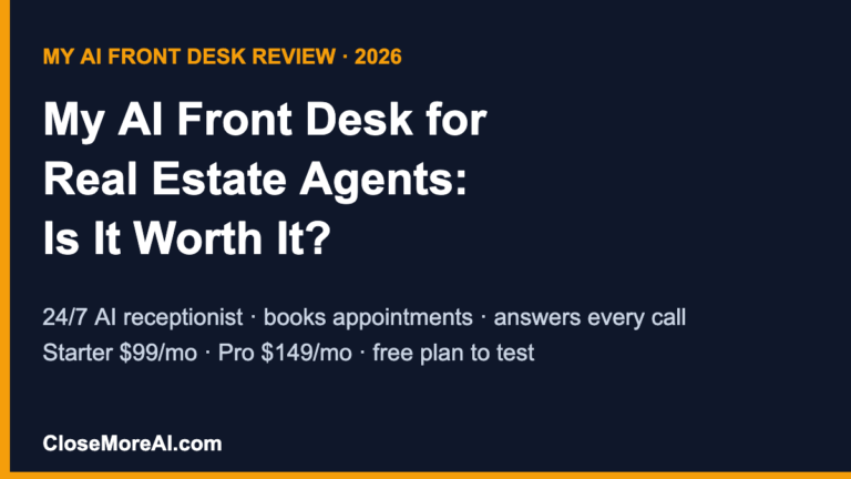 My AI Front Desk review for real estate agents 2026 — 24/7 AI receptionist summary card